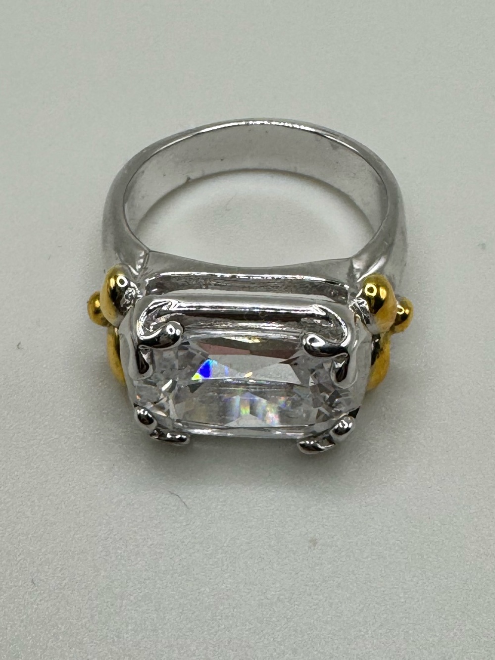 Statement Crystal Cocktail Ring Silver Tone Gold Accent Size 8
